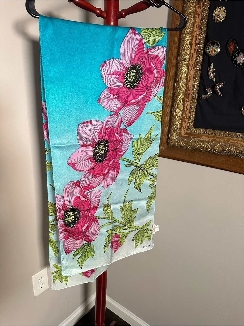 Vintage ECHO New York Silk Scarf Large Floral Pink Blue Teal Ombre BoHo Chic